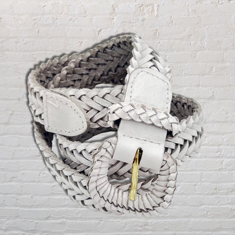 Woven White Leather Vintage 90s 1" Belt • La Rue • 40"